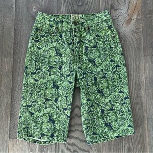 ESPIRIT Vintage 90s High Rise Green Floral Bermuda Denim Jean Shorts 26”